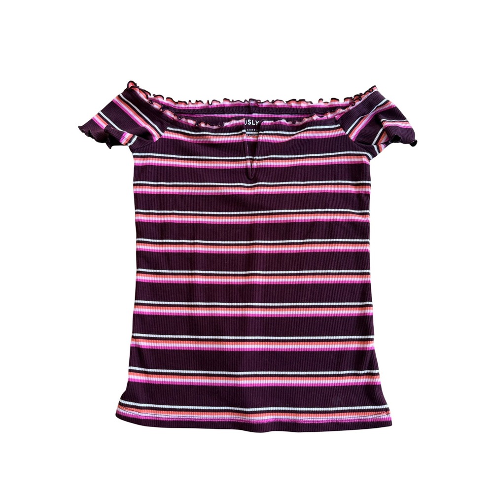 Aeropostale Seriously Soft Off Shoulder Striped Ribbed Top Burgundy Pink Medium